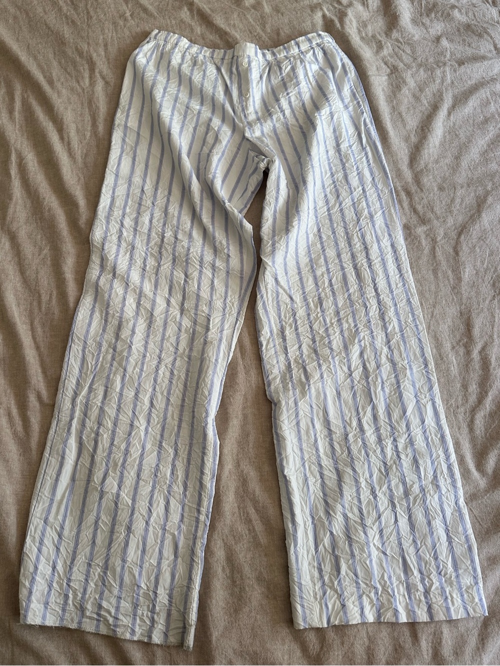 Zara Blue White Crinkle Striped Wide Leg Pants Size Medium
